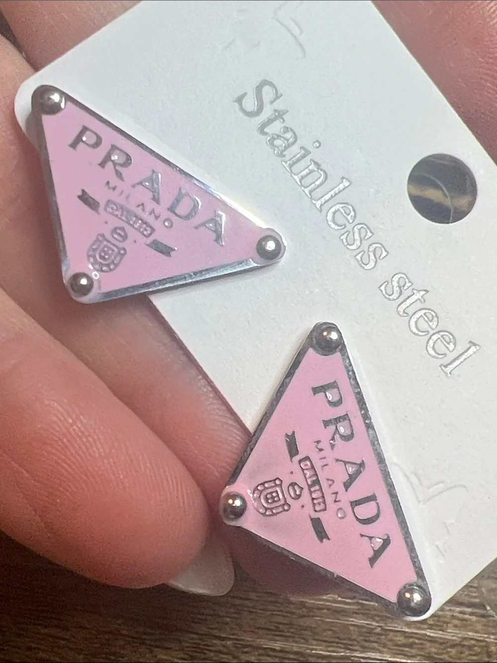 Up Cycled Pink Triangle Logo Stainless Steel Drop Earrings